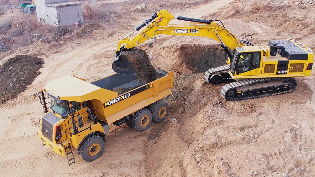 powerplus wide body dump truck PM645A PD3845ZA-II crawler excavator PP550E-XI work site